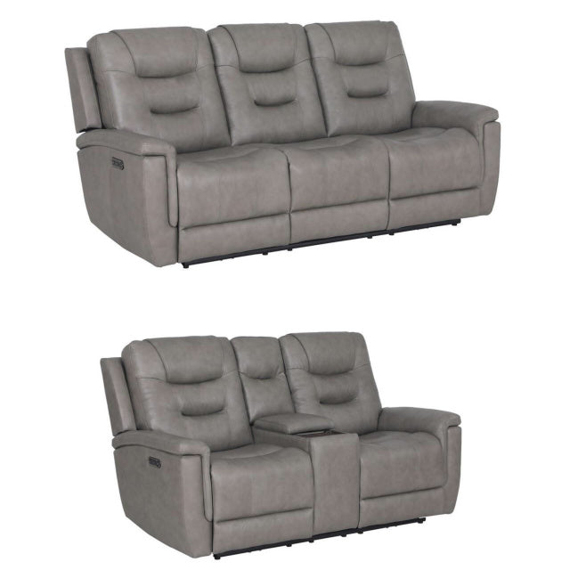 6085 Leather Reclining Sofa & Loveseat Set - Concrete