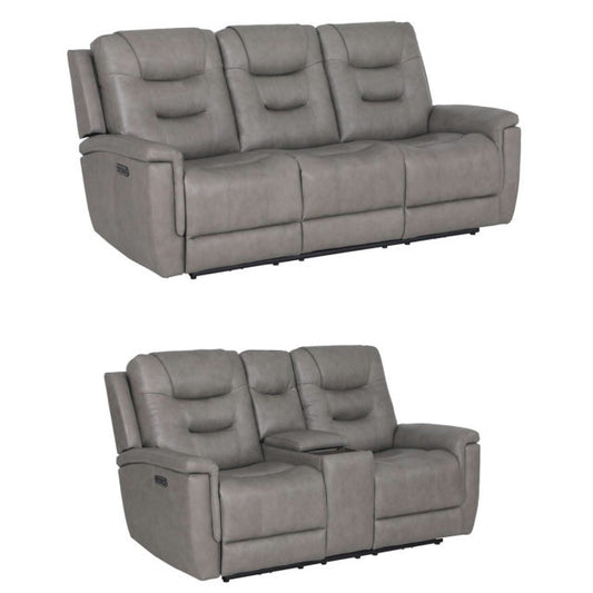 6085 Leather Reclining Sofa & Loveseat Set - Concrete
